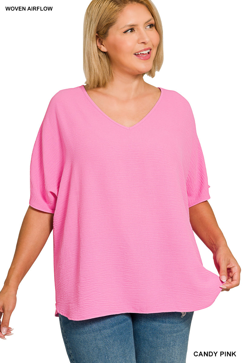 Plus Size woven airflow v-neck short sleeve top
