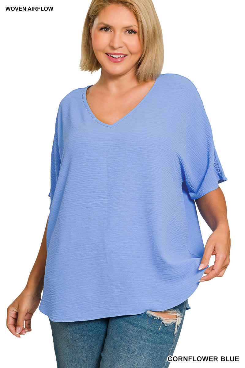 Plus Size woven airflow v-neck short sleeve top