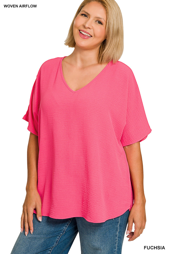 Plus Size woven airflow v-neck short sleeve top