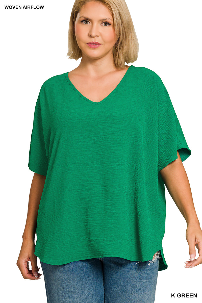 Plus Size woven airflow v-neck short sleeve top
