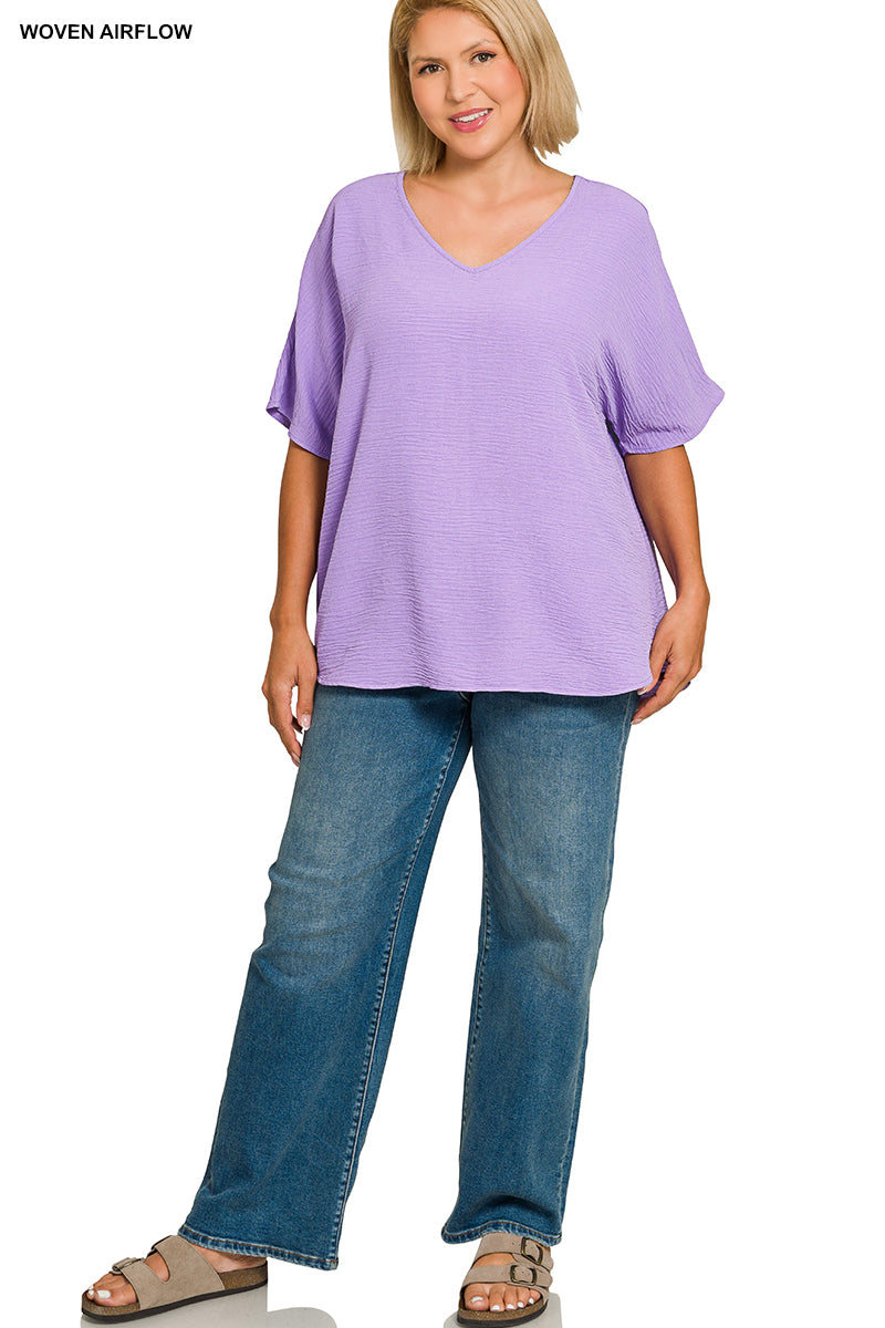 Plus Size woven airflow v-neck short sleeve top