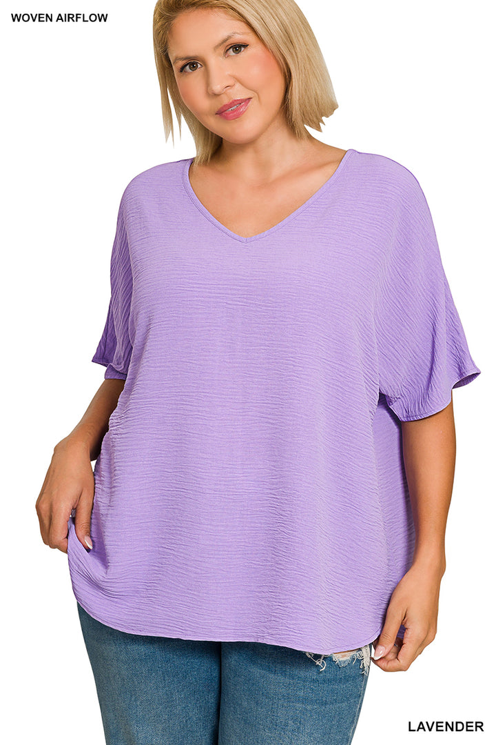 Plus Size woven airflow v-neck short sleeve top