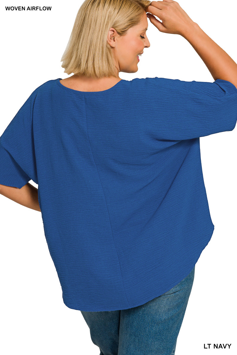 Plus Size woven airflow v-neck short sleeve top