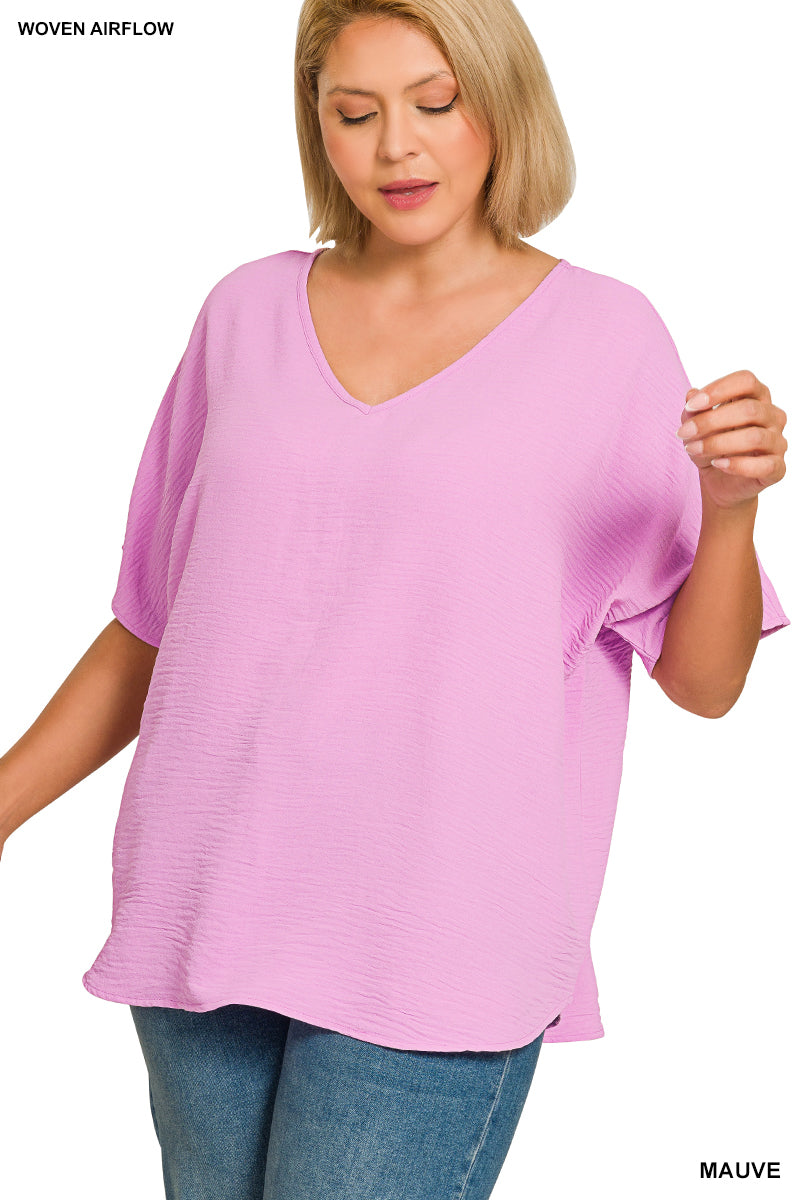 Plus Size woven airflow v-neck short sleeve top