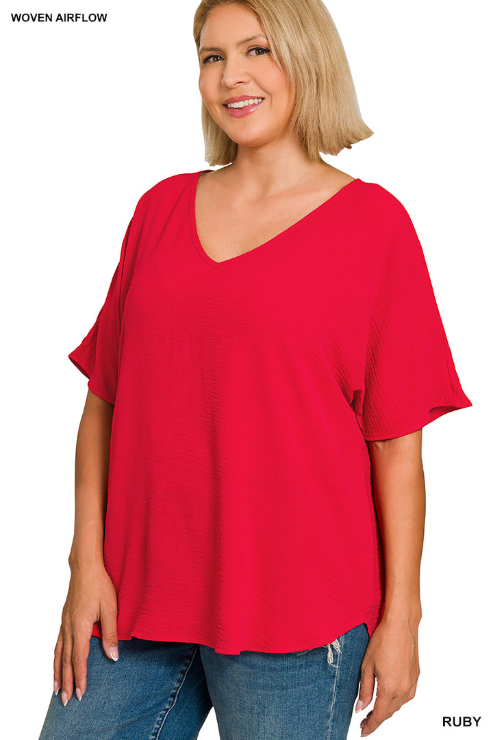 Plus Size woven airflow v-neck short sleeve top