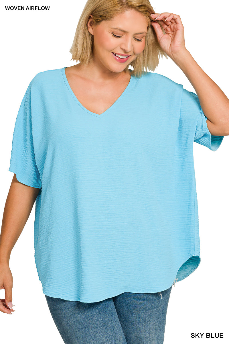 Plus Size woven airflow v-neck short sleeve top