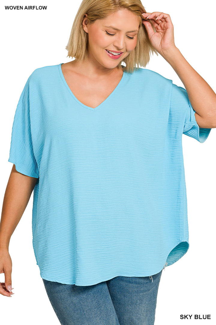 Plus Size woven airflow v-neck short sleeve top