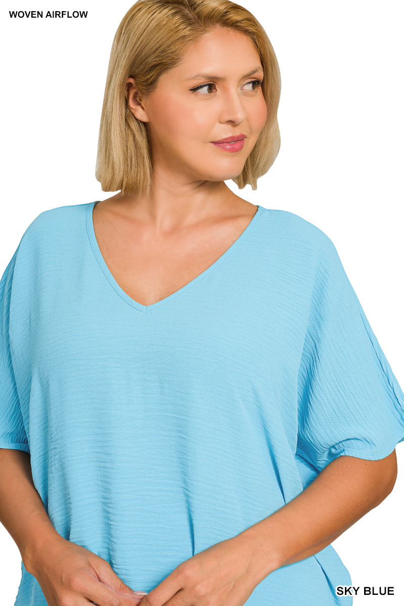 Plus Size woven airflow v-neck short sleeve top