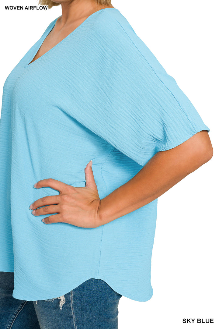 Plus Size woven airflow v-neck short sleeve top