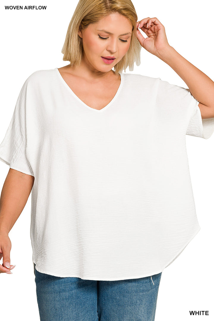 Plus Size woven airflow v-neck short sleeve top