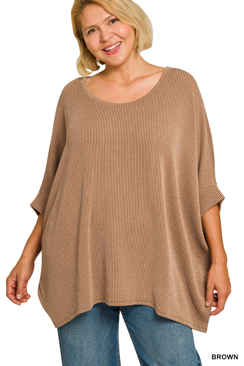 Plus Size raised rib bat sleeve top