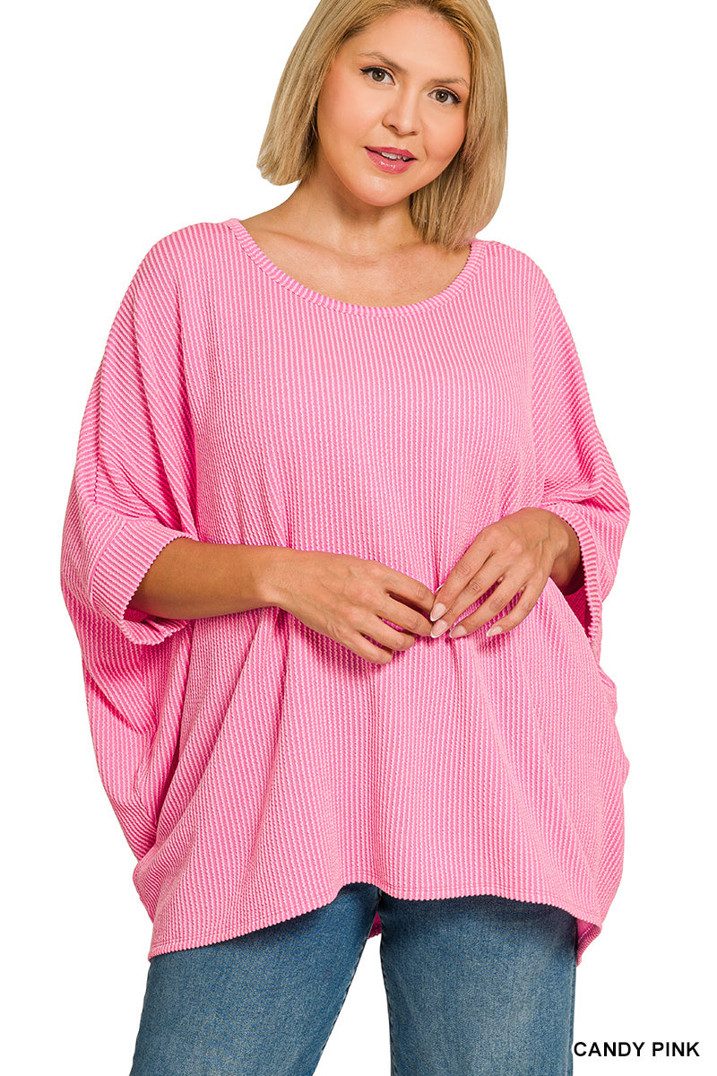 Plus Size raised rib bat sleeve top