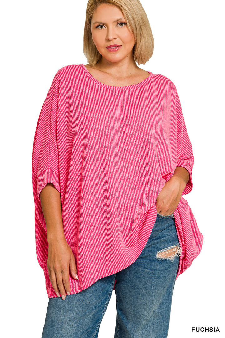 Plus Size raised rib bat sleeve top