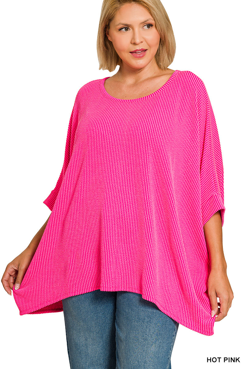 Plus Size raised rib bat sleeve top