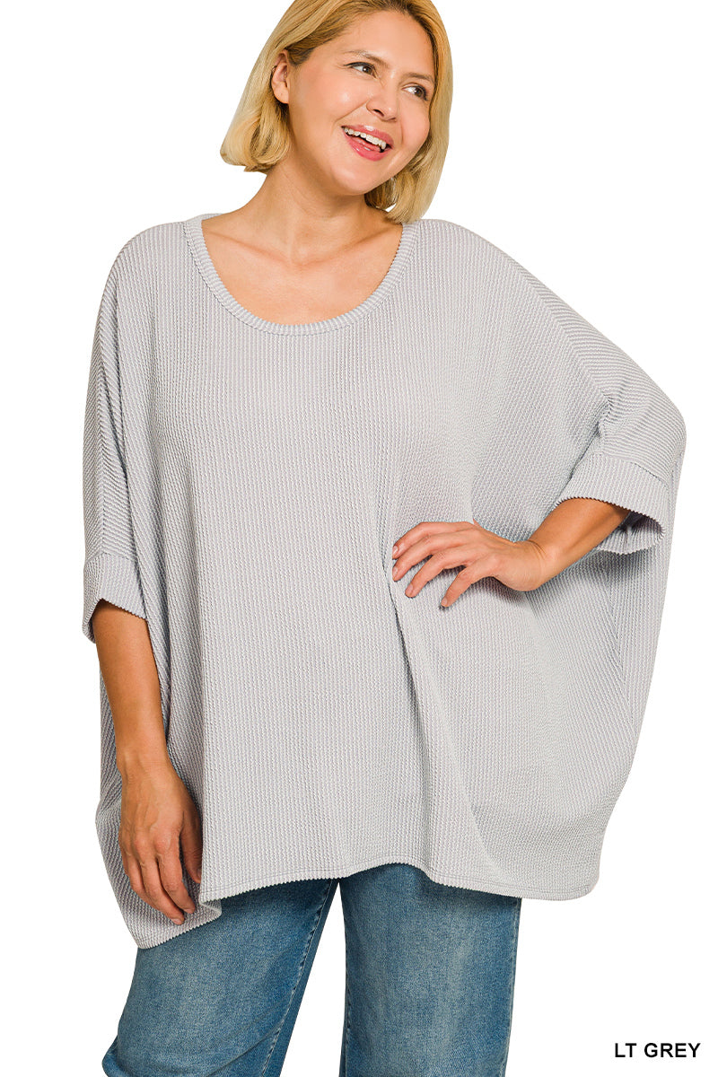 Plus Size raised rib bat sleeve top