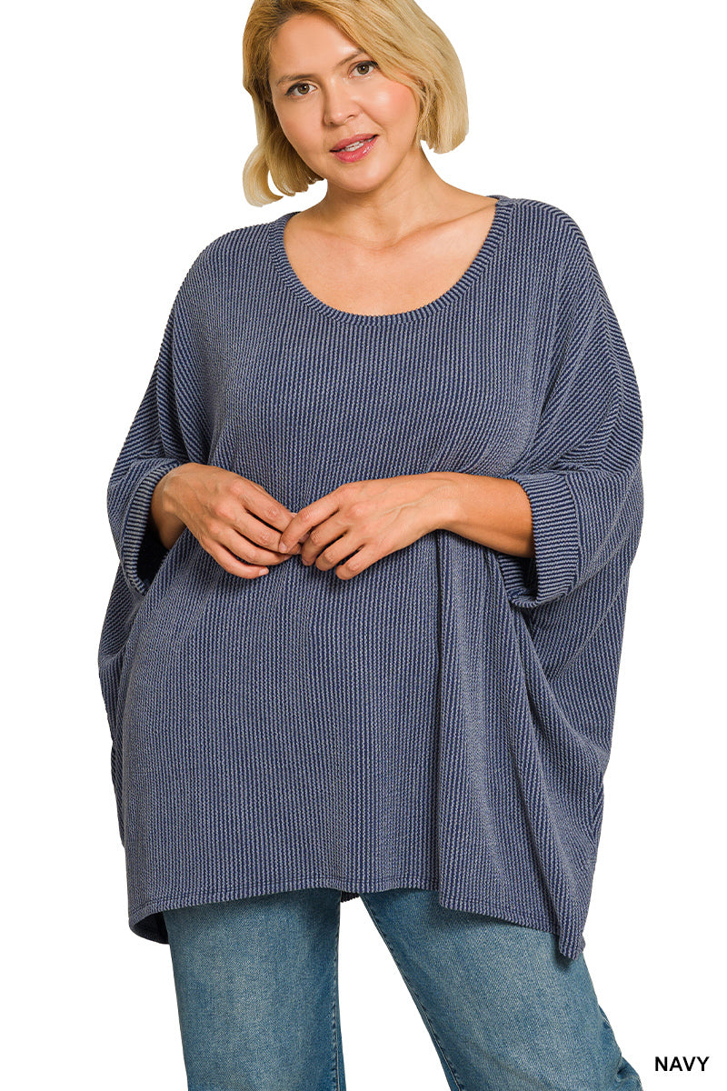Plus Size raised rib bat sleeve top