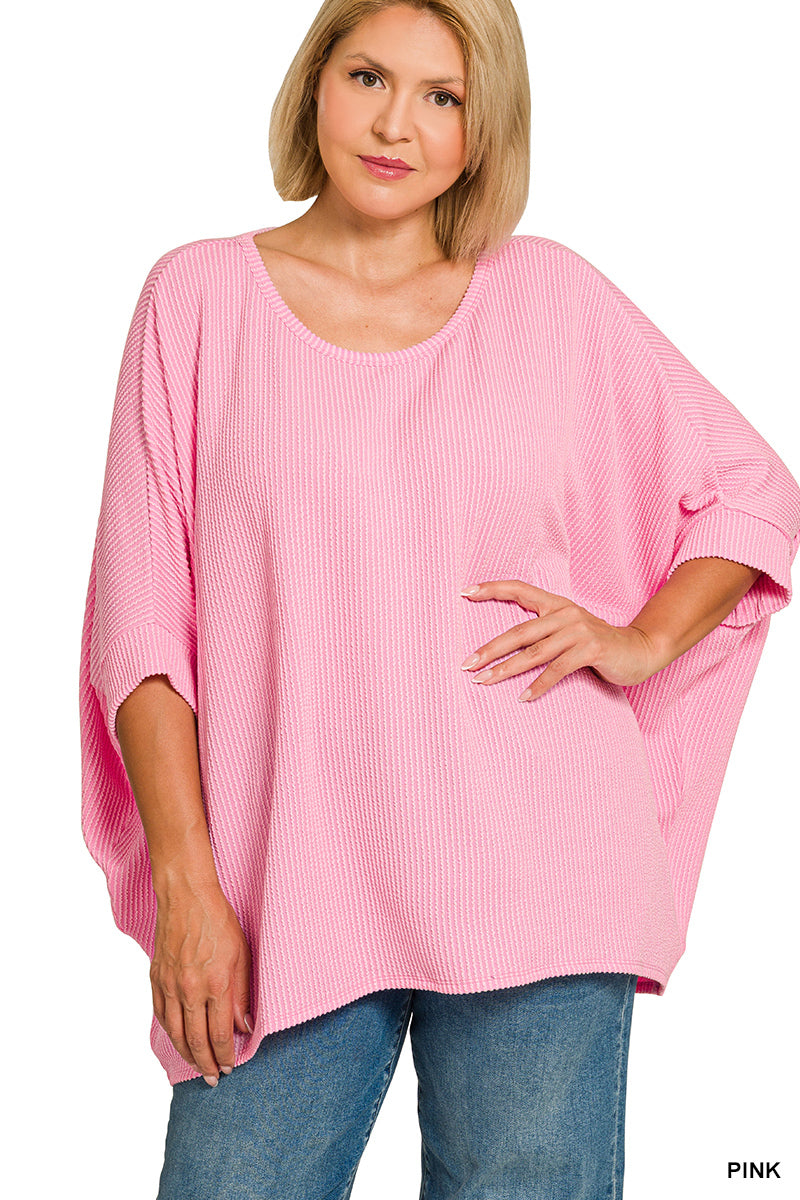 Plus Size raised rib bat sleeve top