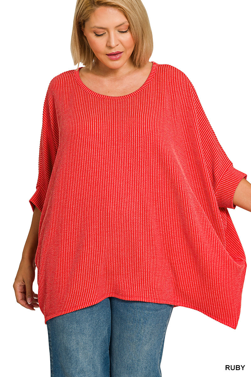 Plus Size raised rib bat sleeve top