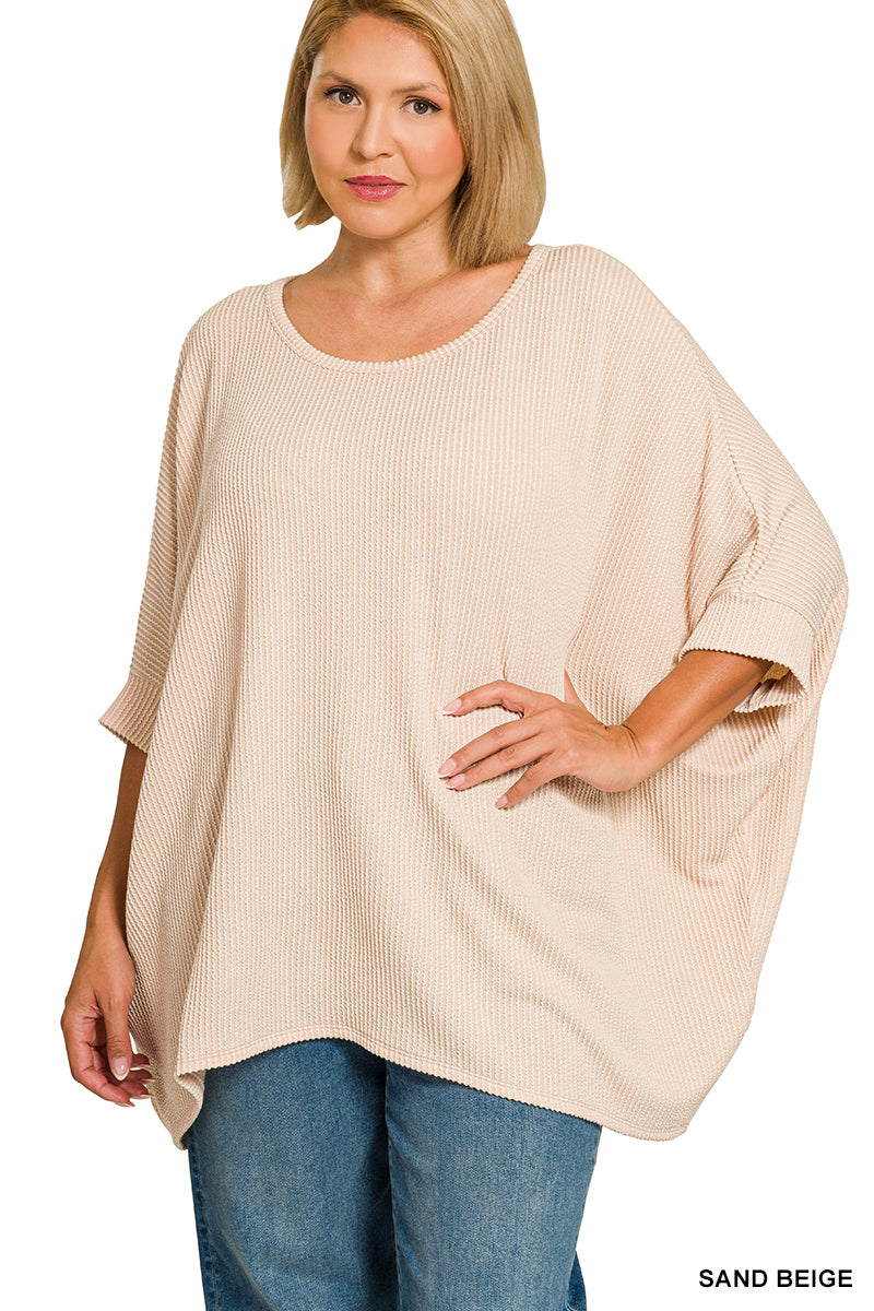 Plus Size raised rib bat sleeve top