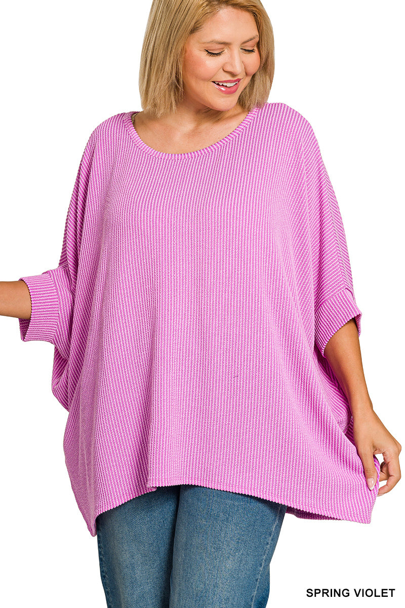 Plus Size raised rib bat sleeve top