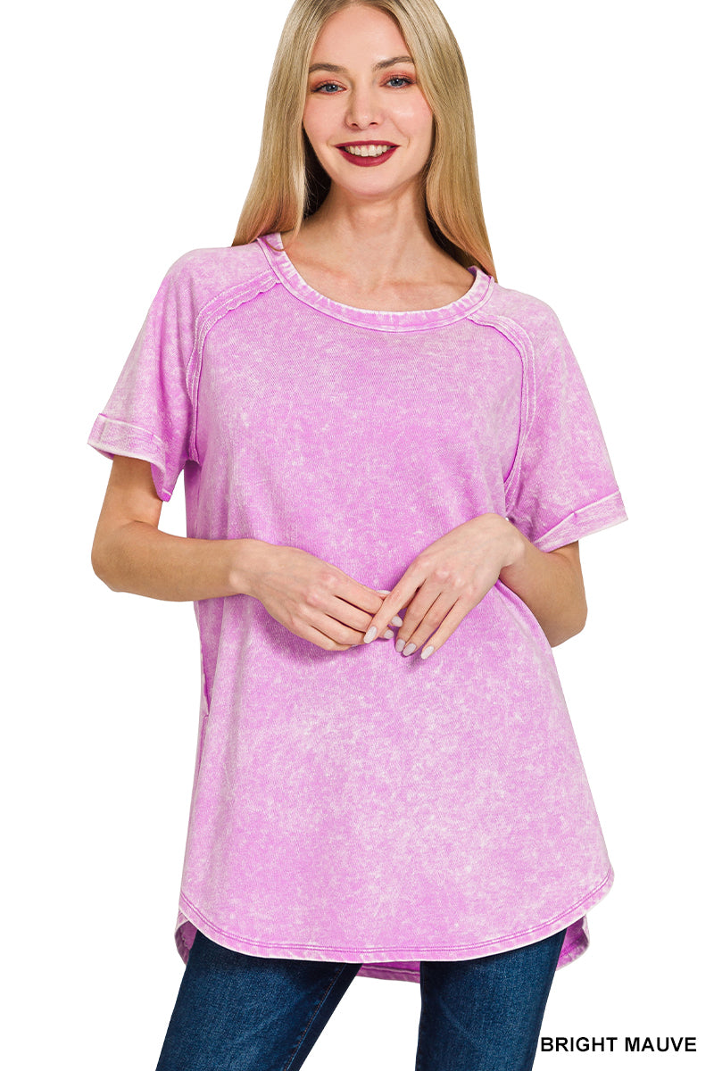 F/terry acid wash short cuff sleeve pullover