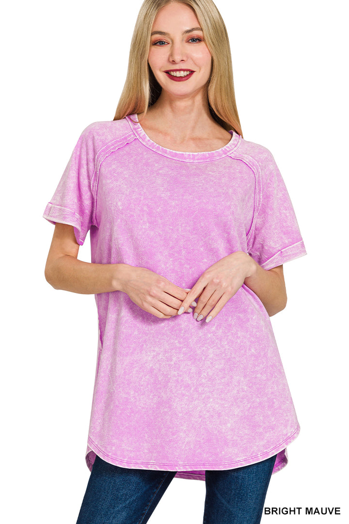 F/terry acid wash short cuff sleeve pullover