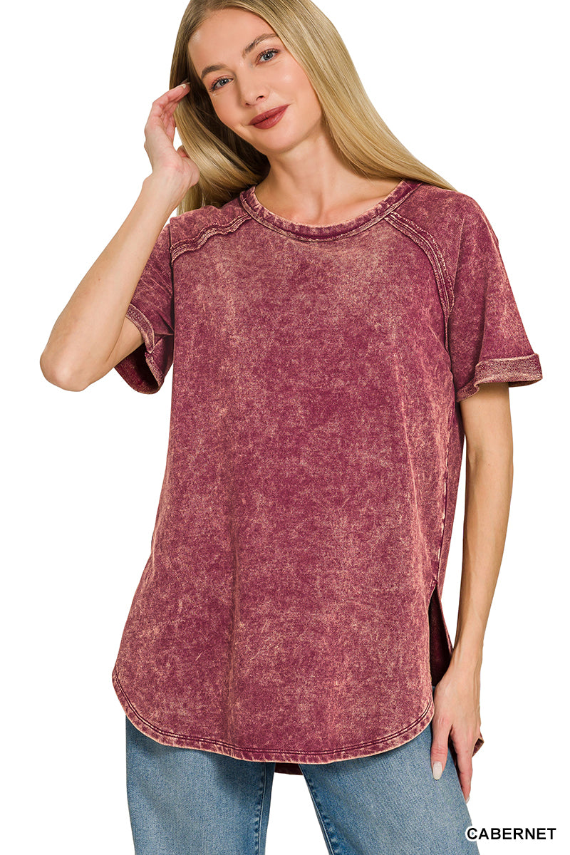 F/terry acid wash short cuff sleeve pullover