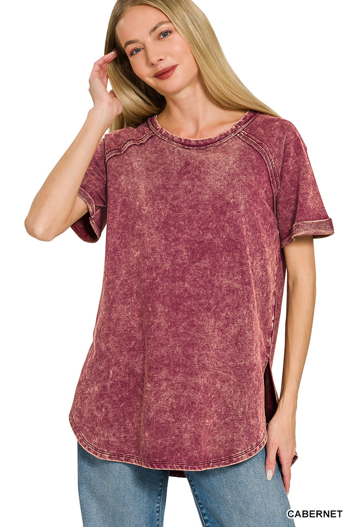 F/terry acid wash short cuff sleeve pullover
