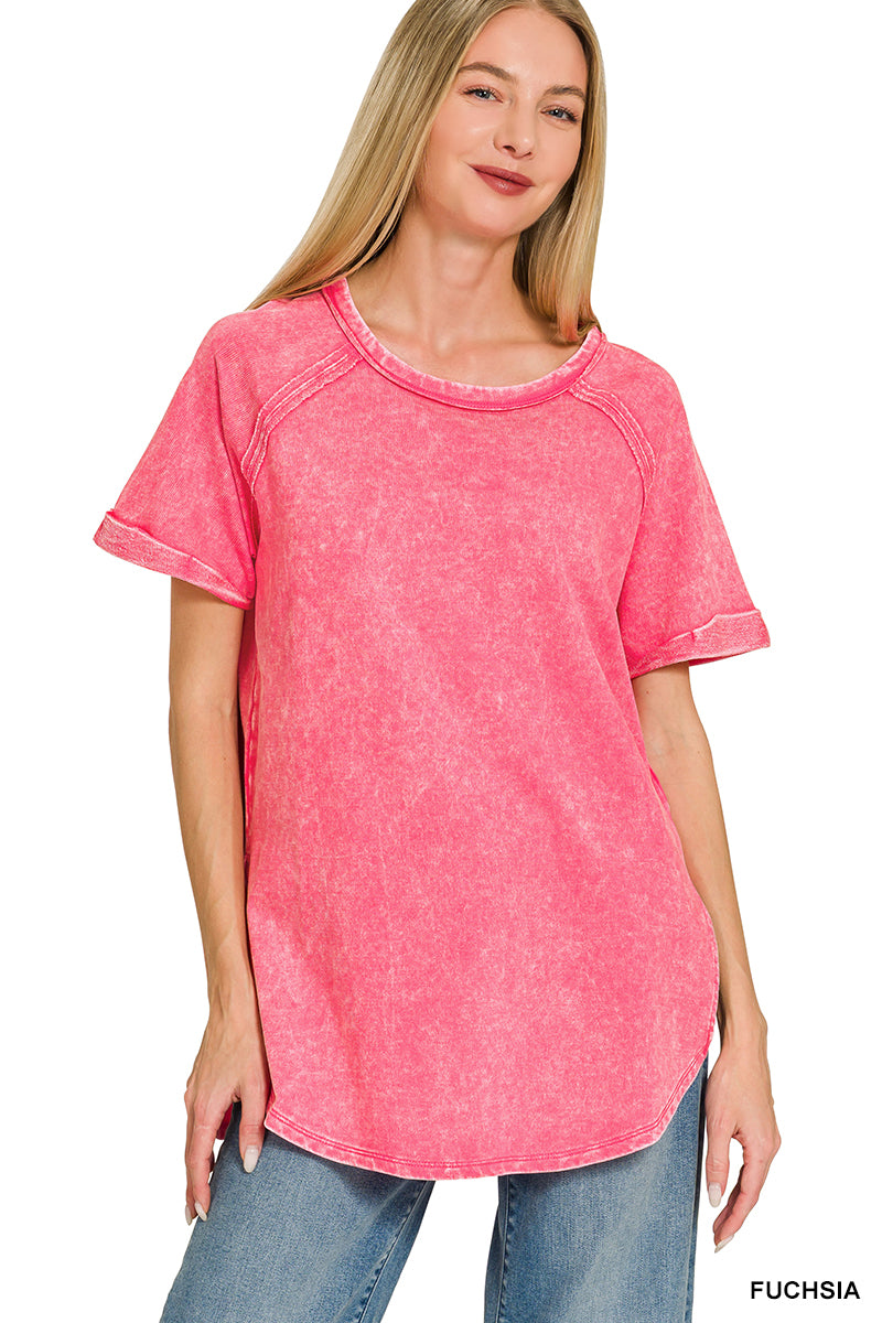 F/terry acid wash short cuff sleeve pullover