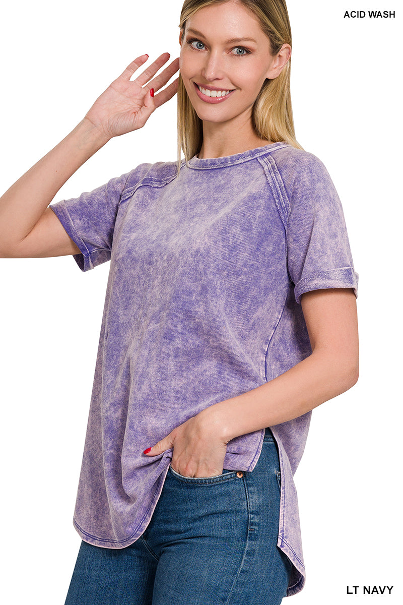 F/terry acid wash short cuff sleeve pullover