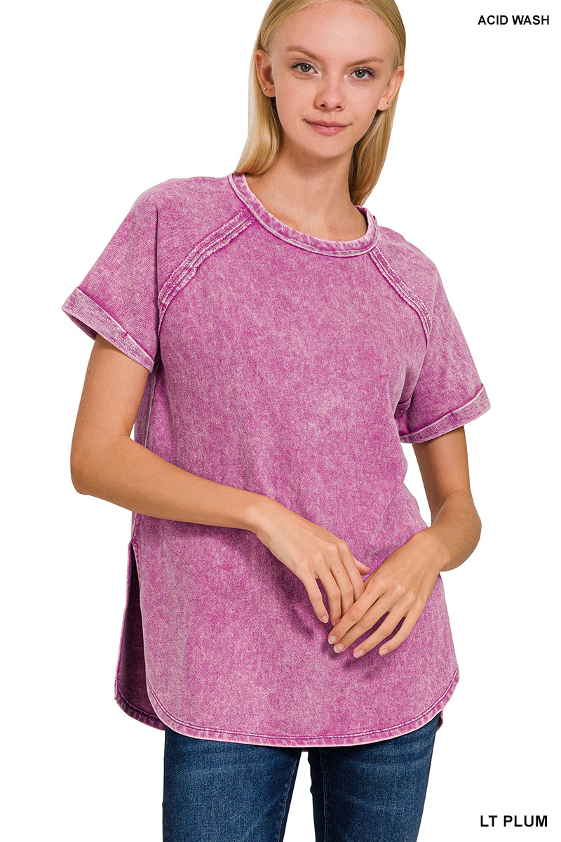 F/terry acid wash short cuff sleeve pullover
