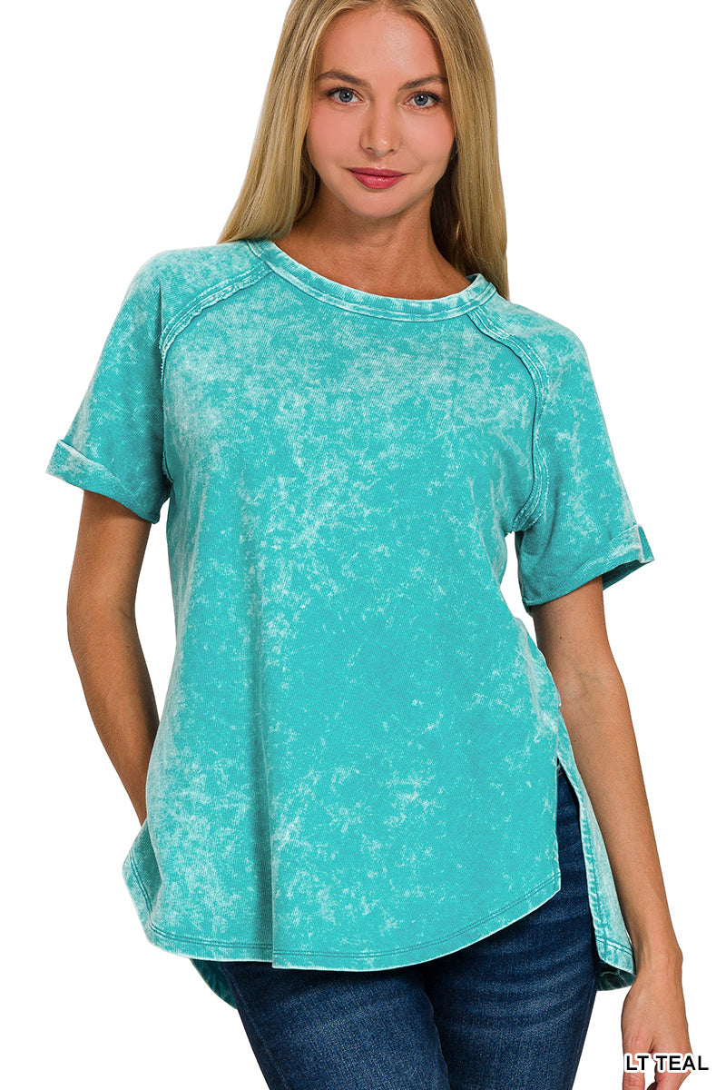 F/terry acid wash short cuff sleeve pullover