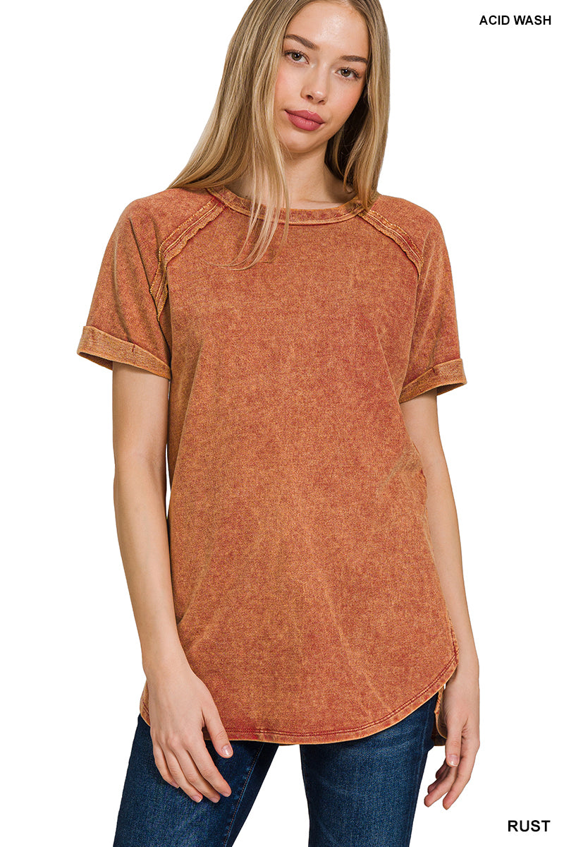 F/terry acid wash short cuff sleeve pullover