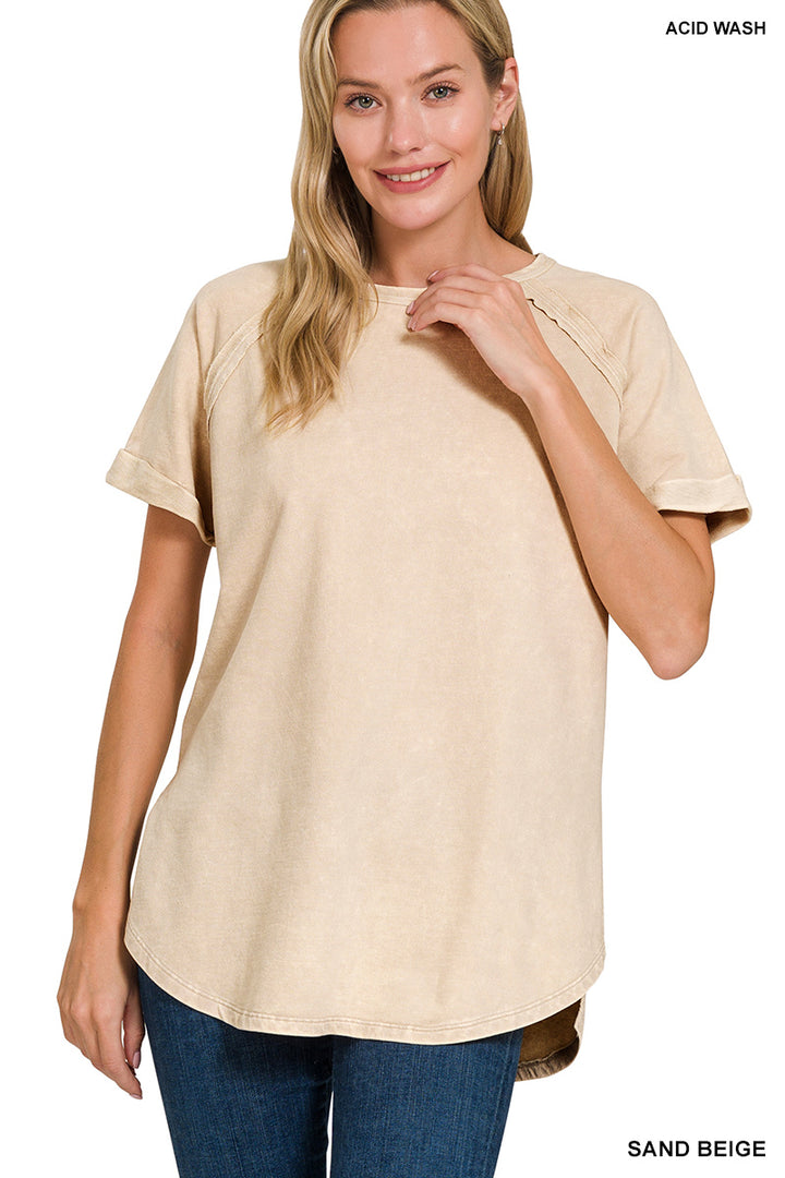 F/terry acid wash short cuff sleeve pullover