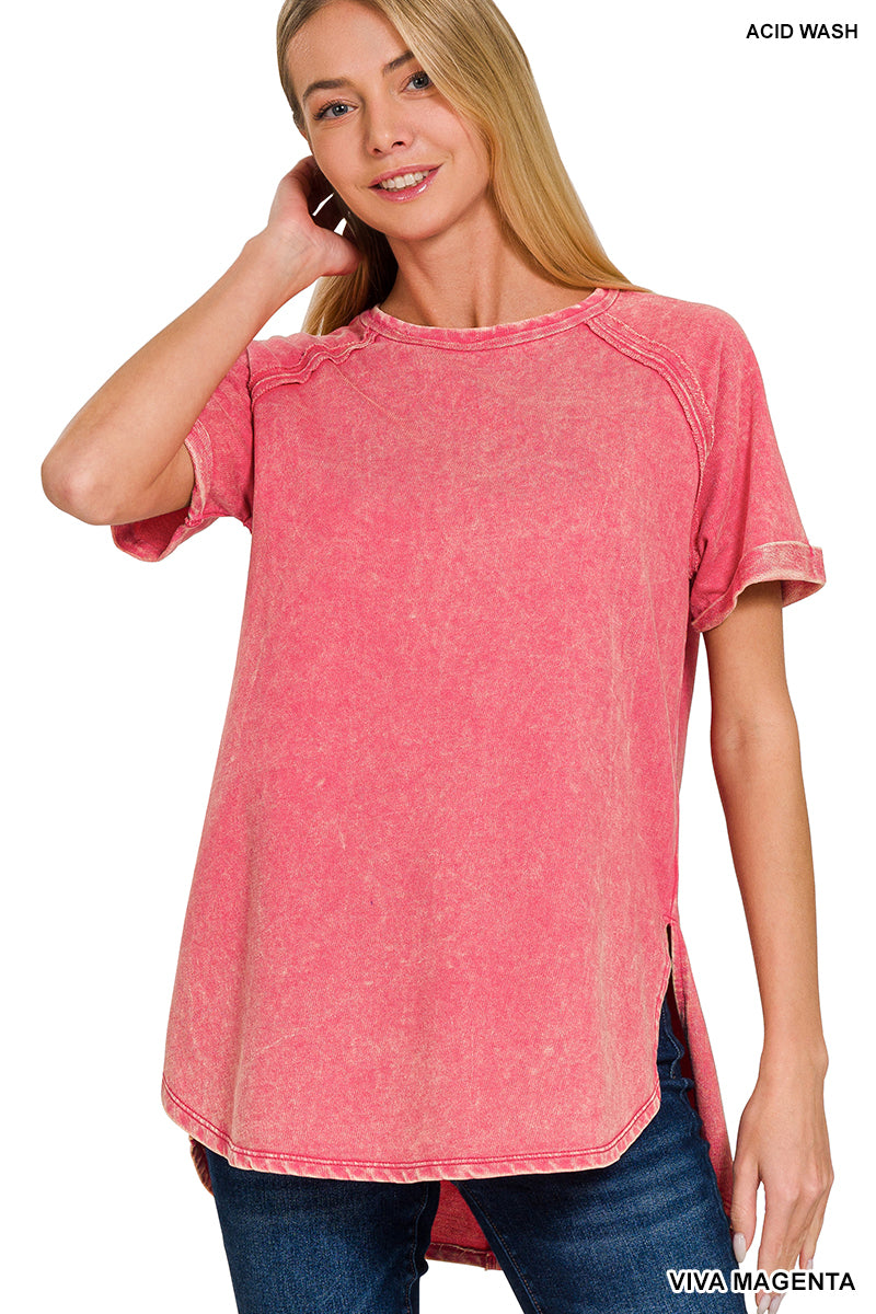 F/terry acid wash short cuff sleeve pullover