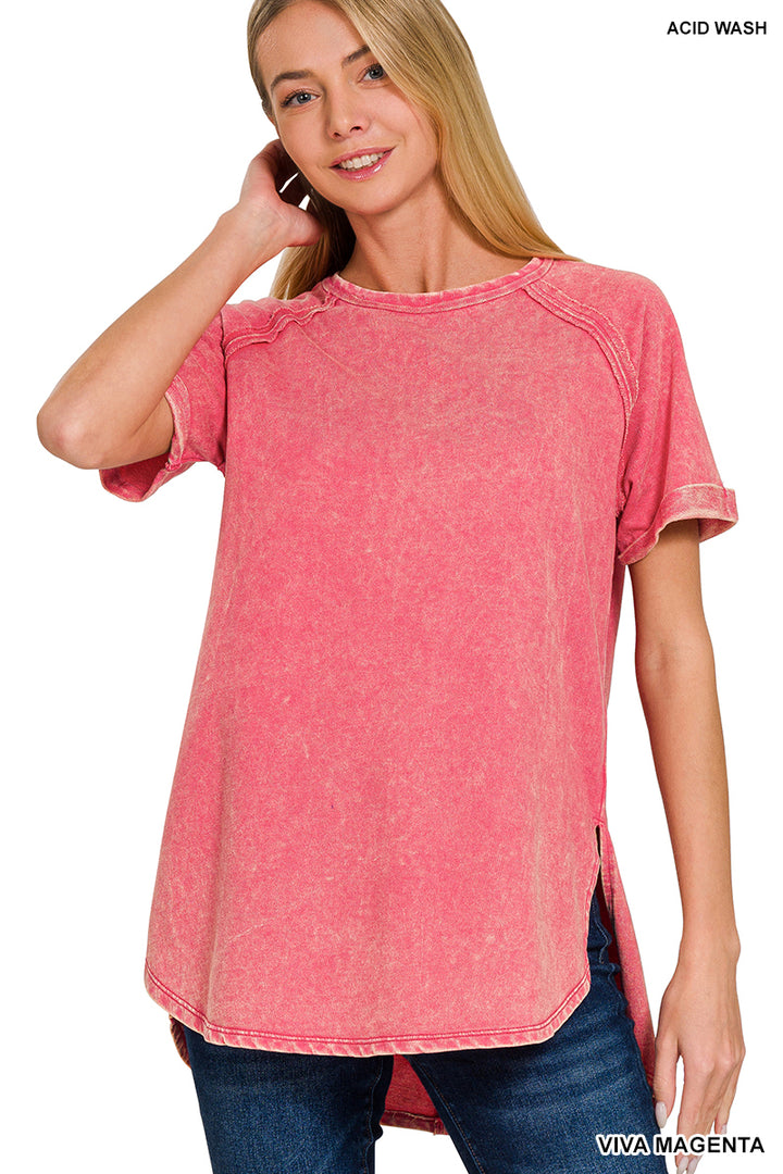 F/terry acid wash short cuff sleeve pullover