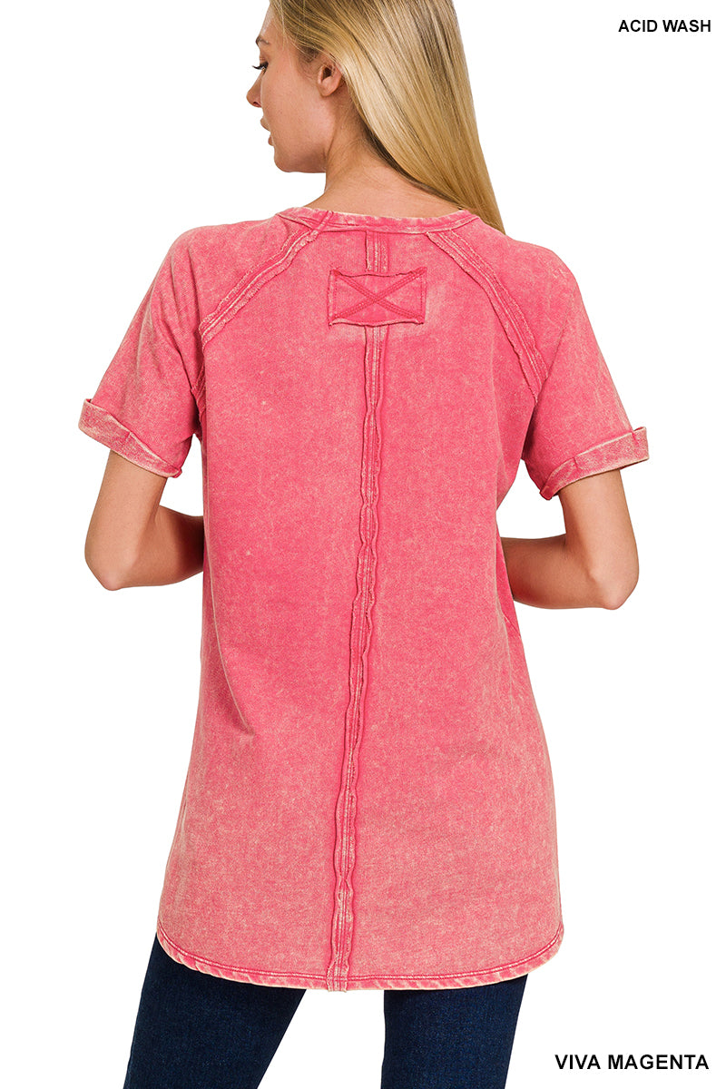 F/terry acid wash short cuff sleeve pullover