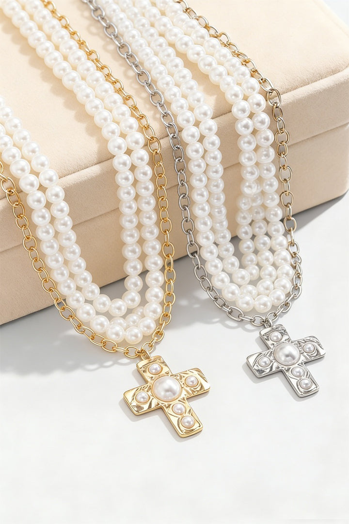 Notable hammered cross multi wrap pearl necklace