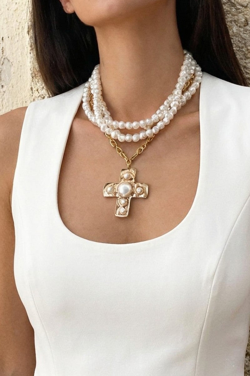 Notable hammered cross multi wrap pearl necklace