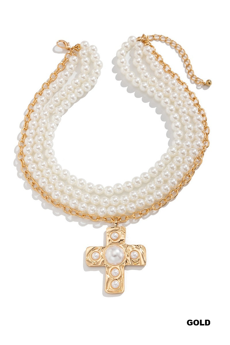 Notable hammered cross multi wrap pearl necklace