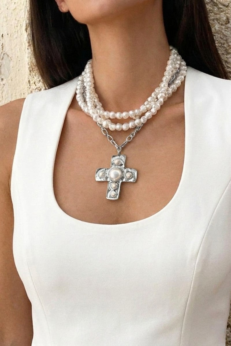 Notable hammered cross multi wrap pearl necklace