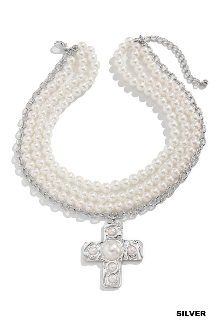 Notable hammered cross multi wrap pearl necklace