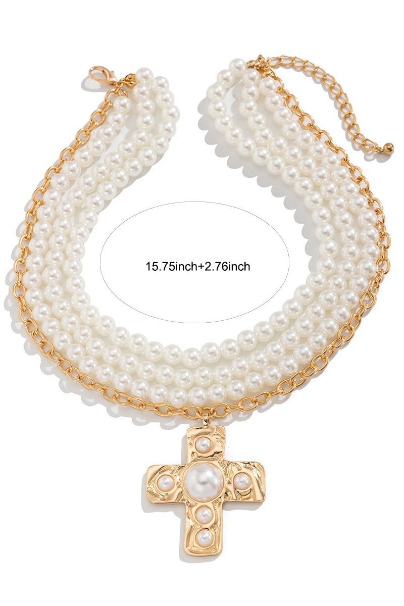Notable hammered cross multi wrap pearl necklace