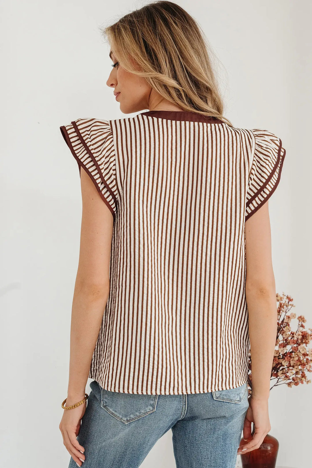 Khaki Stripe Double Ruffled Short Sleeve V Neck Blouse