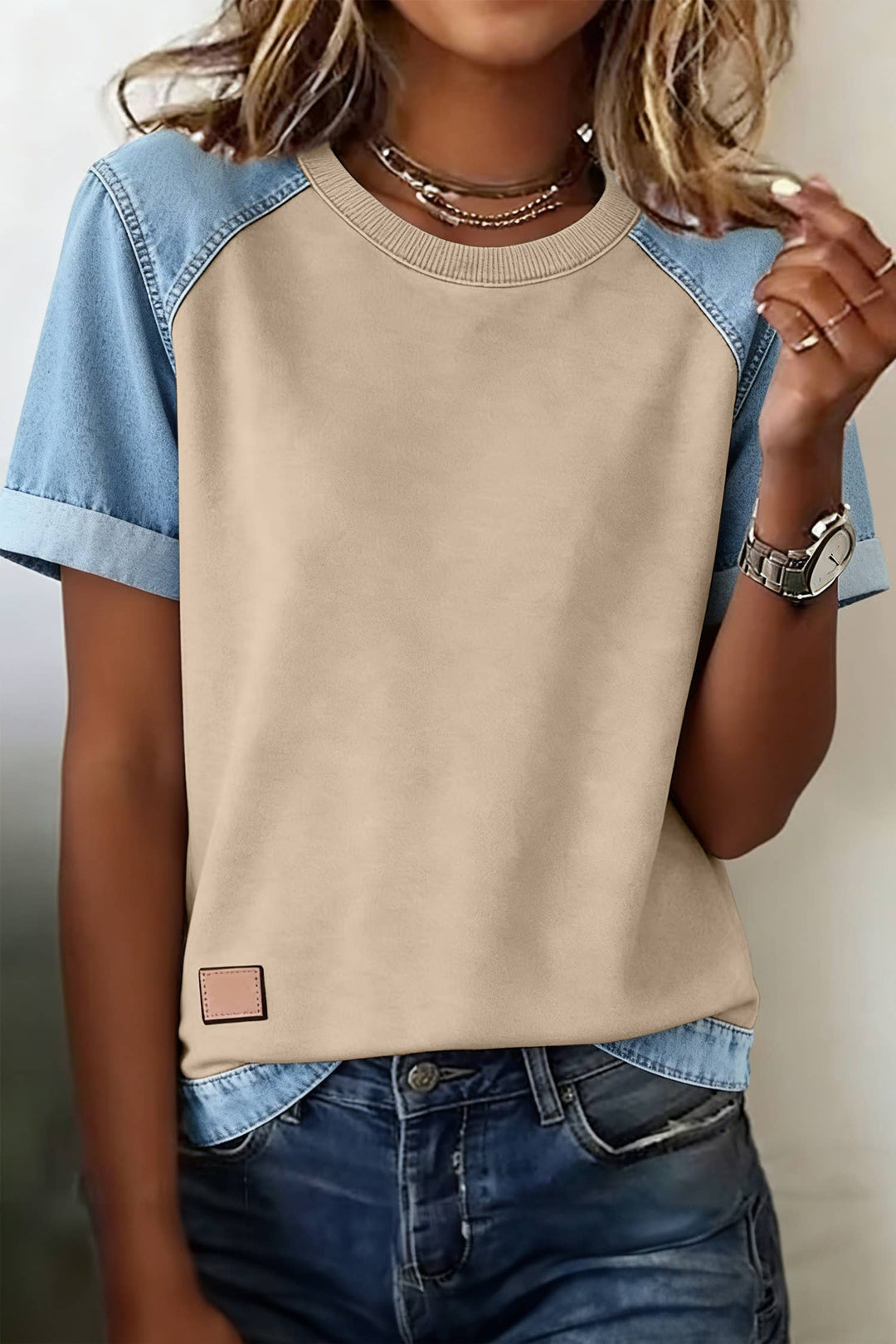 EVELA INC - Denim Color Block Patchwork Round Neck Tee