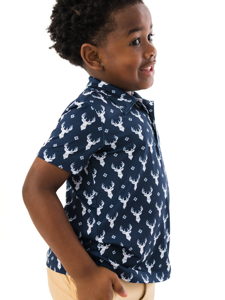 RuffleButts  - Boys Little Deer Lodge Knit Short Sleeve Performance Polo