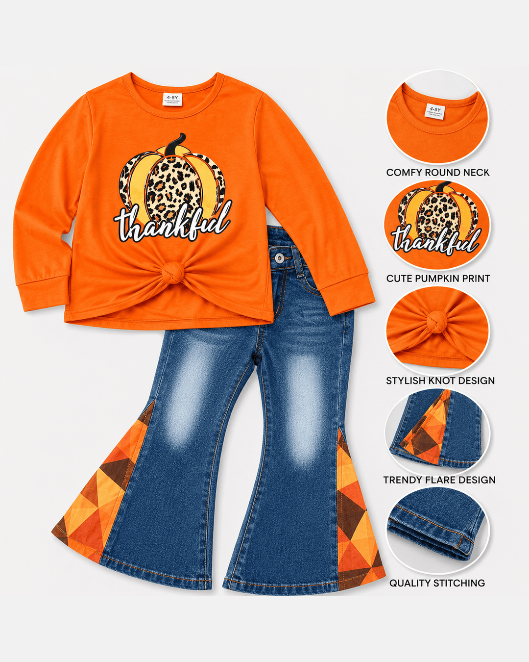 ILTEX Apparel - Thankful Orange Pumpkin Denim Outfit Kids