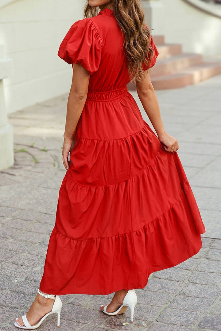 Color V Neck Short Puff Sleeve High Waist Tiered Maxi Dress