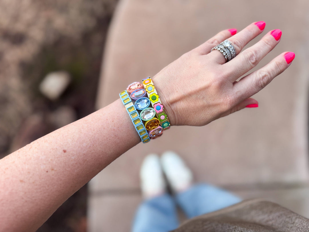 Taylor Elliott Designs - Enamel Stretch Bracelet - Large Oval Rainbow Stones - Olivia