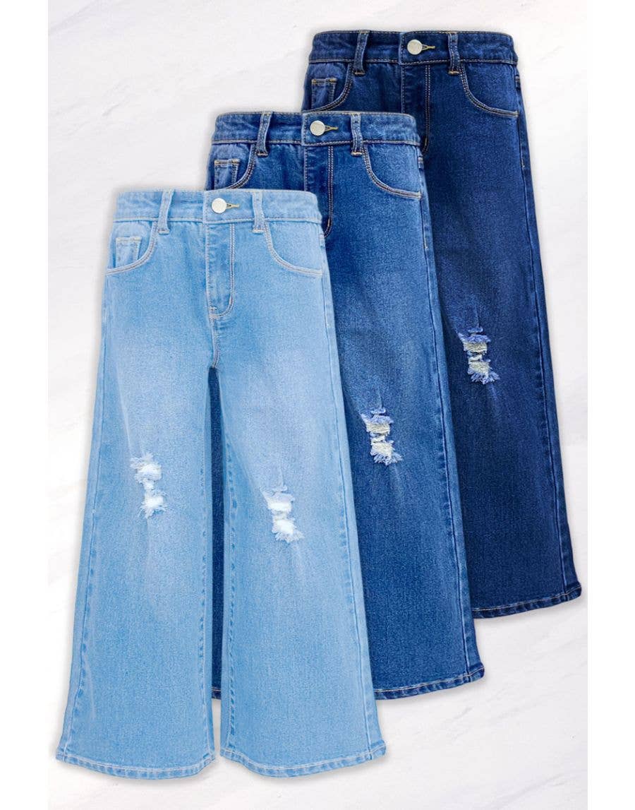 Girl Wide Leg Denim Jeans w/ Distress